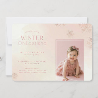Snowflake Winter Onederland First Birthday Photo Einladung