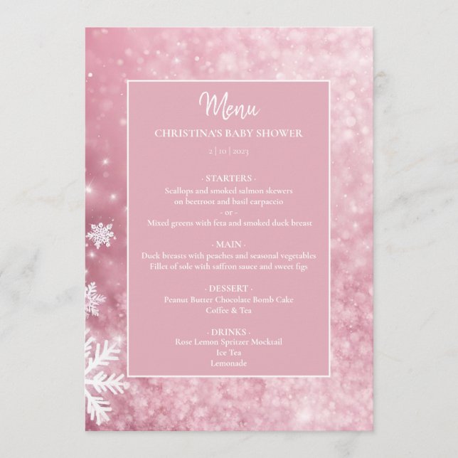 Snowflake Winter Wonderland Pink Baby Dusche Menükarte (Vorderseite)