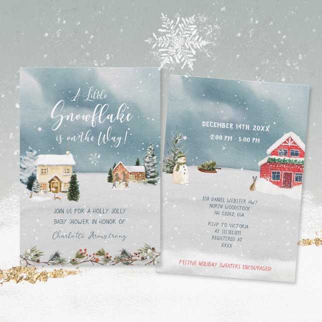 Snowflake Winter Wonderland Watercolor Kinderdusch Einladung (Snowflake Winter Wonderland Watercolor Baby Shower Invitation ©Susanne Sachers Sunny Mind Design 🌞)