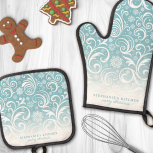 Snowflake Wirbel auf Blue Niedlich Custom Christma Ofenhandschuh & Topflappen-Set