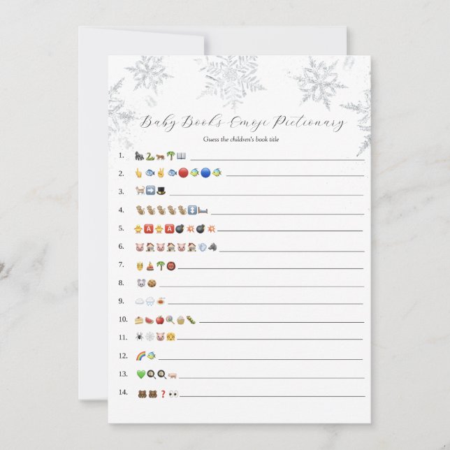 Snowflakes Baby Books Emoji Game Card Einladung (Vorderseite)