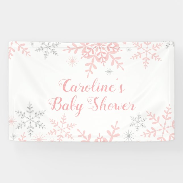 Snowflakes Baby Girl Dusche Pink & Silver Glitzer Banner (Horizontal)