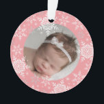 Snowflakes Baby's First Christmas Pink Glitzer Ornament<br><div class="desc">Dieses süße Design bietet rosa und silberne Schneeflocken mit Platz für ein Foto, um Baby's 1. Weihnachten zu gedenken! Klicken Sie auf die Schaltfläche Anpassen, um Ihren eigenen Text zu personalisieren! Variationen dieses Designs sowie koordinierende Produkte sind in unserem Shop, zazzle.com/doodlelulu*, erhältlich. Kontaktieren Sie uns, wenn Sie dieses Design auf...</div>