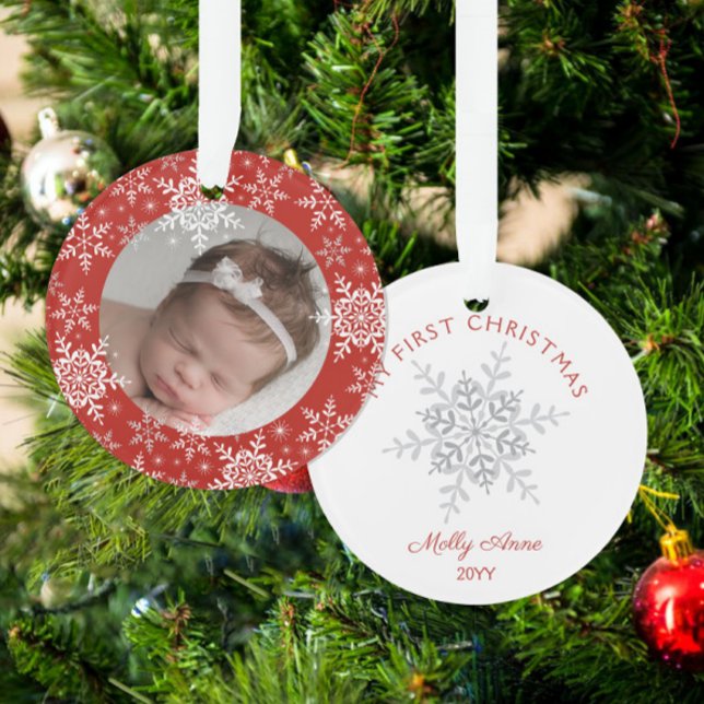 Snowflakes Baby's First Christmas Red Glitzer Ornament (Von Creator hochgeladen)