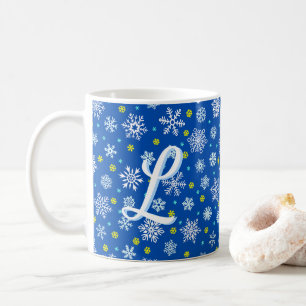 Snowflakes Blue Navy Blue Elegante Script Monogram Kaffeetasse