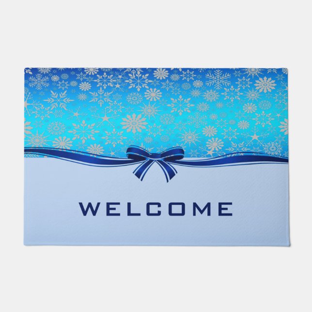 Snowflakes Blue Ribbon Holiday Fußmatte (Vorderseite)