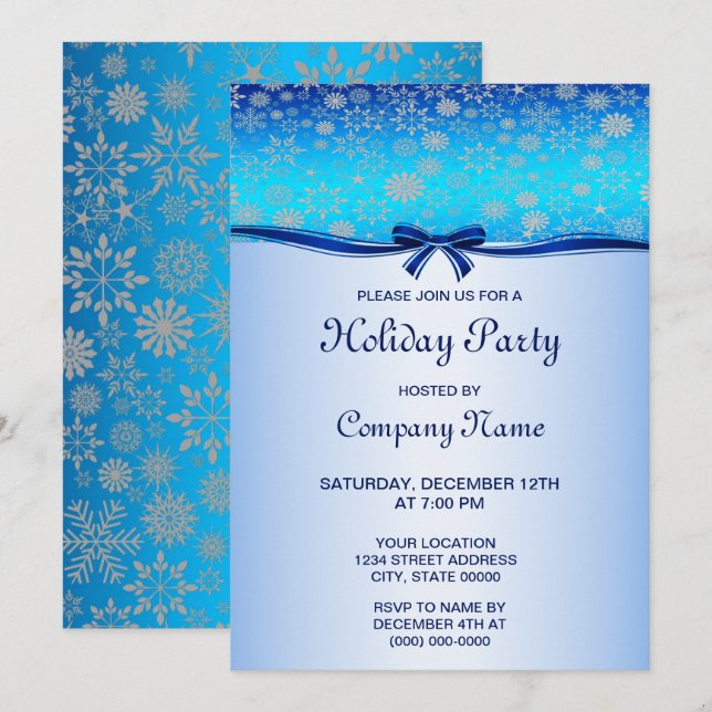 Snowflakes Blue Ribbon Holiday Invitation (Devant / Derrière)