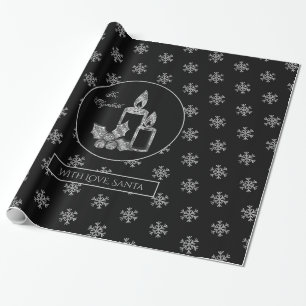 Snowflakes Candles Holly Black Silver Weihnachten Geschenkpapier