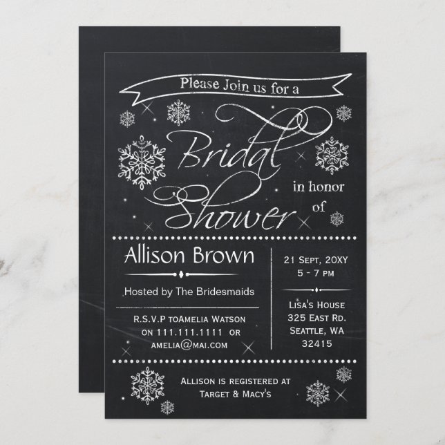 snowflakes Chalkboard Bride douche Invitations (Devant / Derrière)