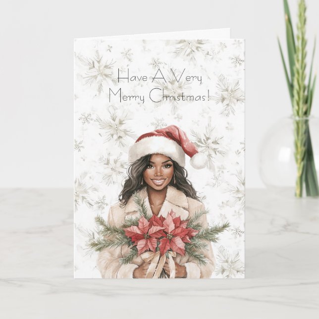 Snowflakes Christmas Black Woman Poinsettia Floral Karte (Vorderseite)