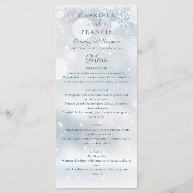 Snowflakes Élégant Menu de mariage hivernal (Devant)