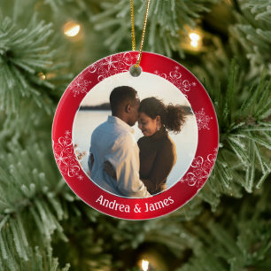 Snowflakes Erste Weihnachts-Rote Rahmen Keramik Ornament