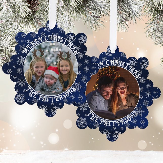 Snowflakes Family Foto Blue Paper Ornament Card (Hang these ornaments on a Christmas tree or use them as a unique gift tag to your loved ones.)