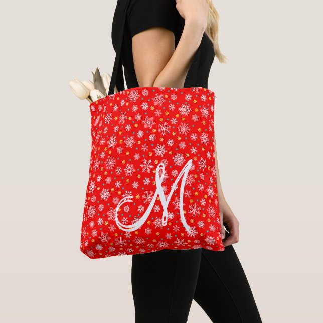 Snowflakes Festive Red Elegantes Script Mit Monogr Tasche (Von Nahem)