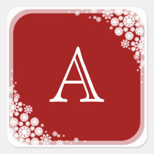 Snowflakes Frame Monogram Red Christmas Holiday Quadratischer Aufkleber