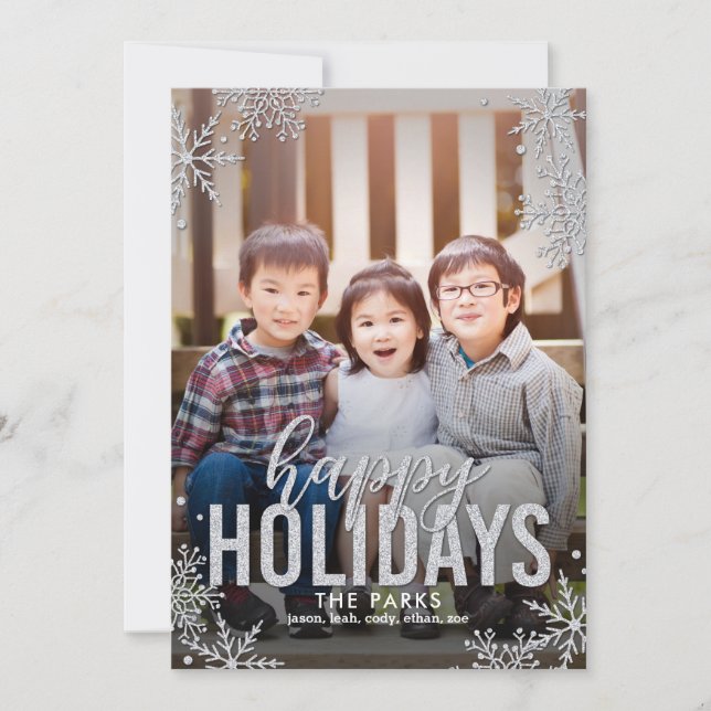 Snowflakes givré Carte photo de vacances Silver (Devant)