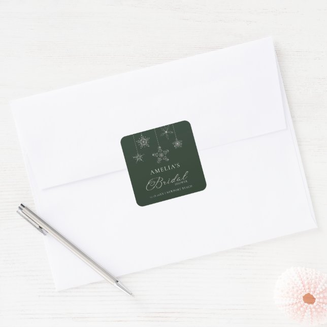 Snowflakes Glitter Green Winter Bridal Shower  Quadratischer Aufkleber (Umschlag)