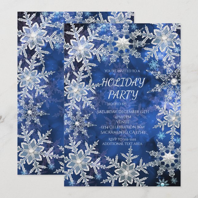 Snowflakes hiver Blue Holiday Party Invitations (Devant / Derrière)
