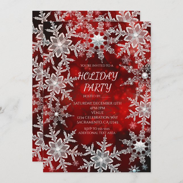 Snowflakes hiver Fête rouge Invitations (Devant / Derrière)