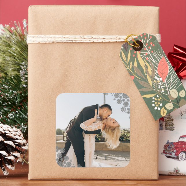 Snowflakes Liebe Peace Joy Kisses Foto Hochzeit Quadratischer Aufkleber (Feiertag)