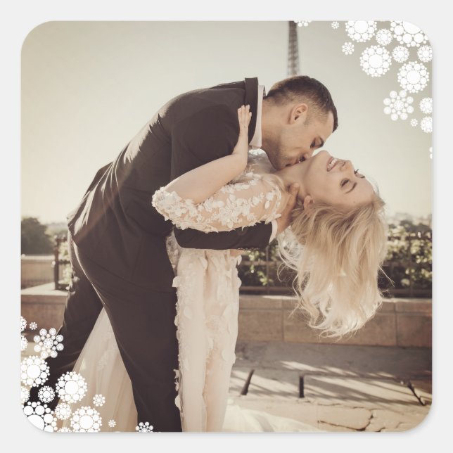 Snowflakes Liebe Peace Joy Kisses Foto Hochzeit Quadratischer Aufkleber (Vorderseite)