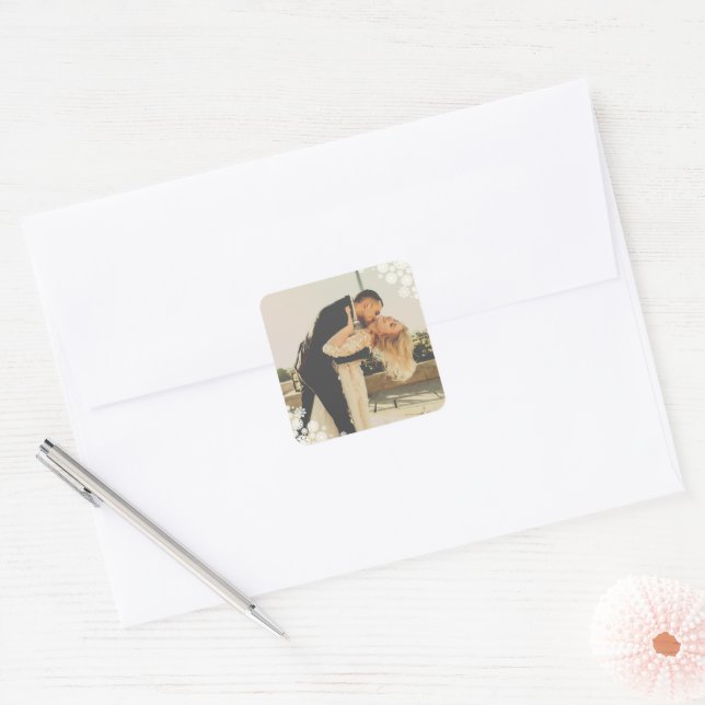 Snowflakes Liebe Peace Joy Kisses Foto Hochzeit Quadratischer Aufkleber (Umschlag)
