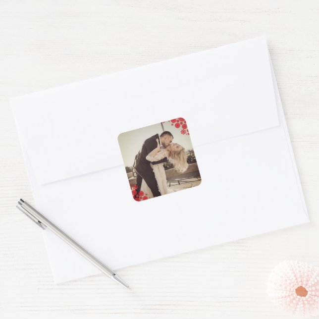 Snowflakes Liebe Peace Joy Kisses Foto Hochzeit Quadratischer Aufkleber (Umschlag)