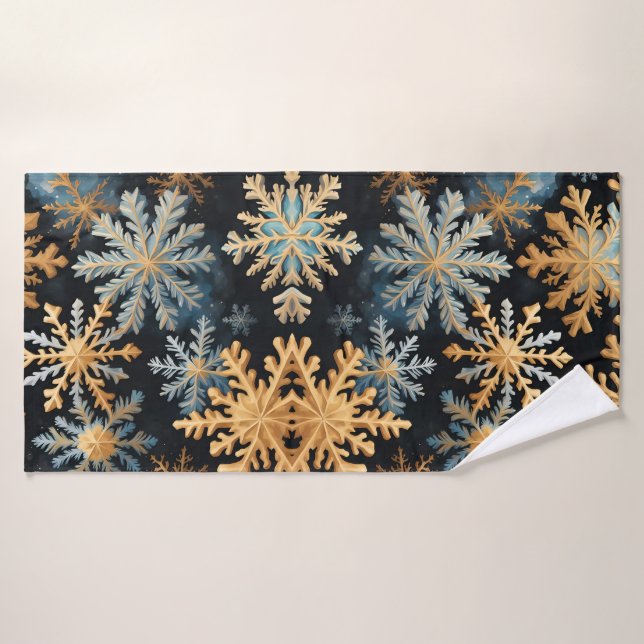 Snowflakes Magique Noël Noir Or Bleu (Serviette de bain)