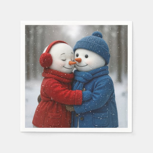 Snowflakes on Snowman Couple in Winter Forest Serviette (Vorderseite)
