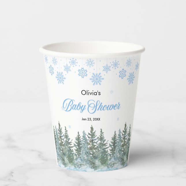 Snowflakes Pine Trees Winter Baby Shower  Pappbecher (Vorderseite)