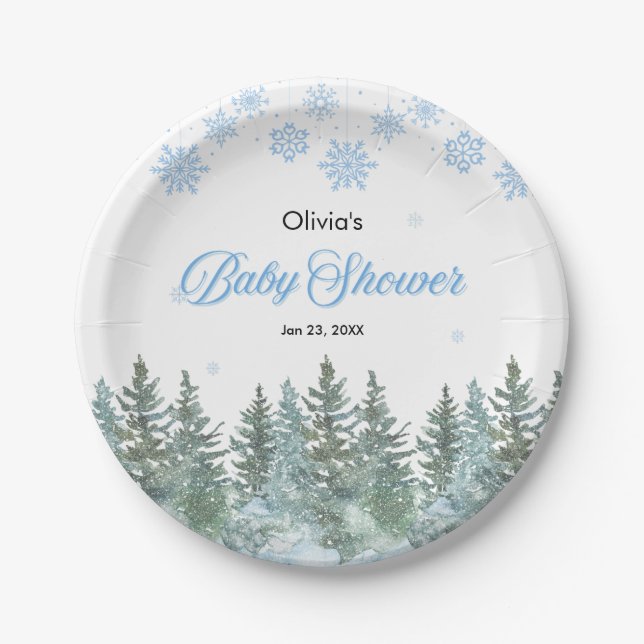 Snowflakes Pine Trees Winter Baby Shower  Pappteller (Vorderseite)