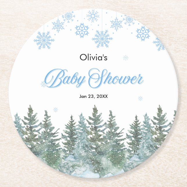 Snowflakes Pine Trees Winter Baby Shower  Runder Pappuntersetzer (Vorderseite)