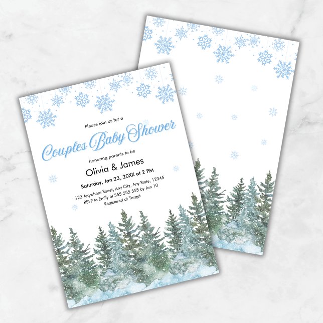 Snowflakes Pine Trees Winter Couples Baby Shower Einladung (Snowflakes Pine Trees Winter Couples Baby Shower Invitation  )