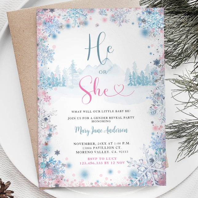 Snowflakes PInk Blue Gender Reveal Invitation (Créateur téléchargé)