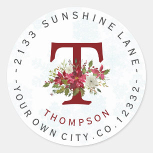 Snowflakes Poinsettia Monogram Address Label Runder Aufkleber