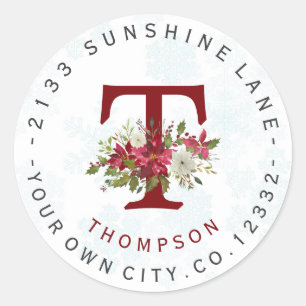 Snowflakes Poinsettia Monogram Étiquette de adress