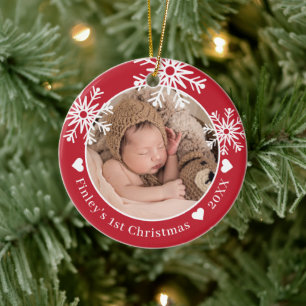 Snowflakes Red Baby's Erstes Weihnachtsfest Foto Keramik Ornament