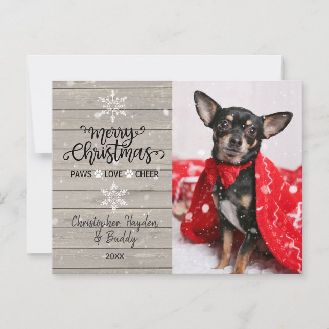 Snowflakes rustique en bois Carte photo de chien d (Devant)
