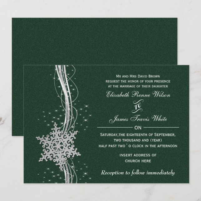 Snowflakes Silver vert invitations de mariage hive (Devant / Derrière)