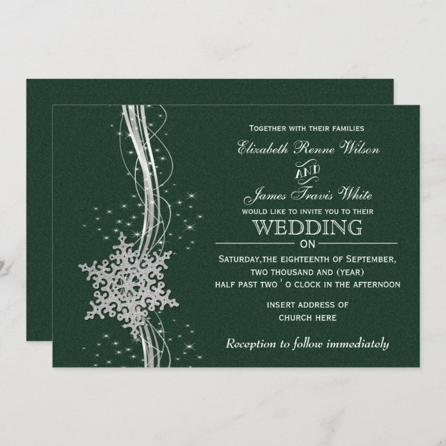 Snowflakes Silver vert invitations de mariage hive (Devant / Derrière)