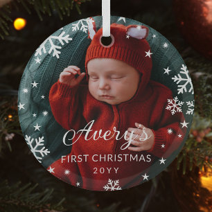 Snowflakes & Stars Baby's 1st Christmas Photo Ornament Aus Glas