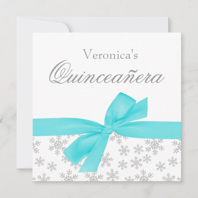 Snowflakes Turquoise Bow Quinceanera Invitations (Devant)