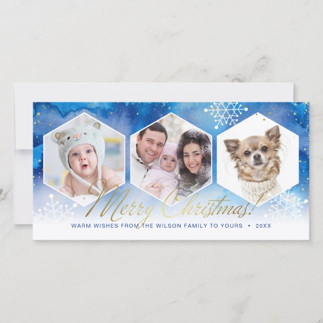 Snowflakes Wasserfarbe Gold Frohe Weihnachten Foto (Vorderseite)