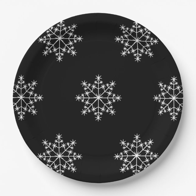 Snowflakes Weihnachten Schwarz-weißer Designurlaub Pappteller (Vorderseite)