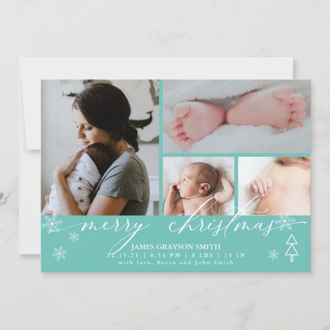 Snowflakes Weihnachts-Foto Kinderankündigung Aquam Einladung (Vorderseite)