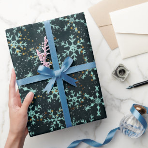 Snowflakes White Blue in Black Night Sky Geschenkpapier