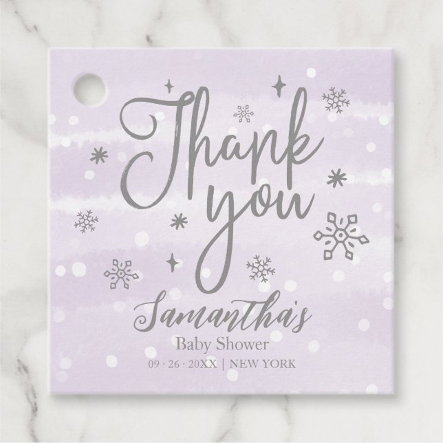 Snowflakes Winter Lila Baby Dusche Danke Geschenkanhänger (Vorderseite)