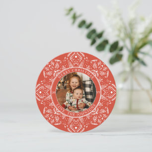 Snowflon Noël Rouge Round Photo Carte de vacances