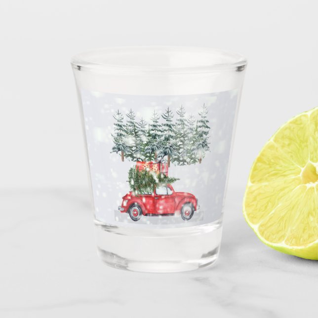Snowing Red Car Weihnachtsbaum und Geschenke, ZSSP Schnapsglas (Vorderseite)