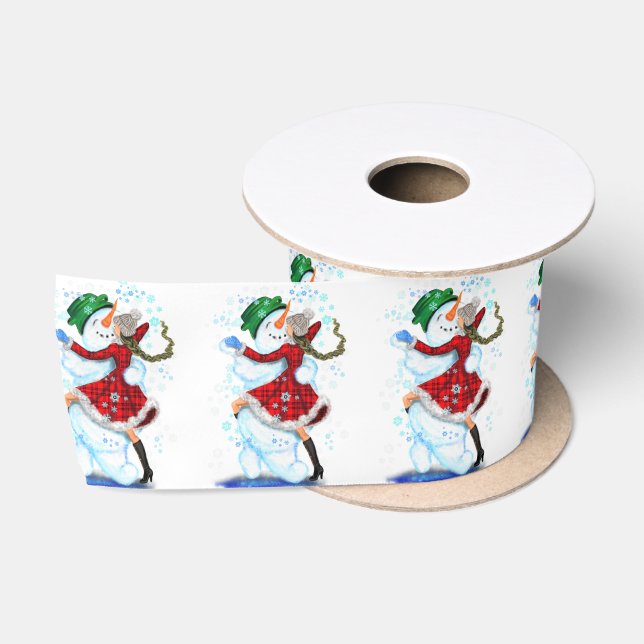 Snowman and Girl Dancers Funny Christmas Ribbon Satinband (Spule)